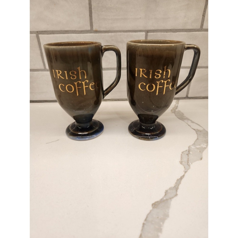2 Vintage Irish Coffee Mug Cup Porcelain Made in Ireland Green Blue Gold Letters